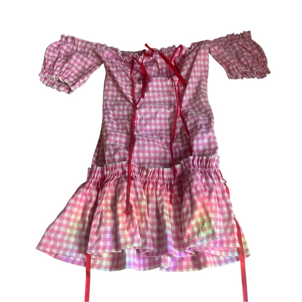 Strawberry Shortcake Costume Pink White Gingham Off-Shoulder Ruffle Dress